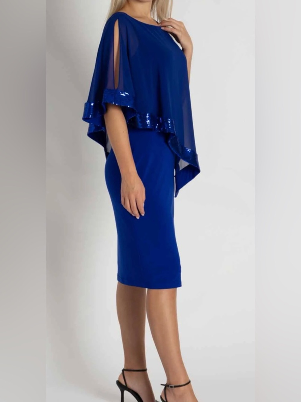 Joseph Ribkoff Royal Blue Sheath Dress with Sequin Trim and sheer overlay.